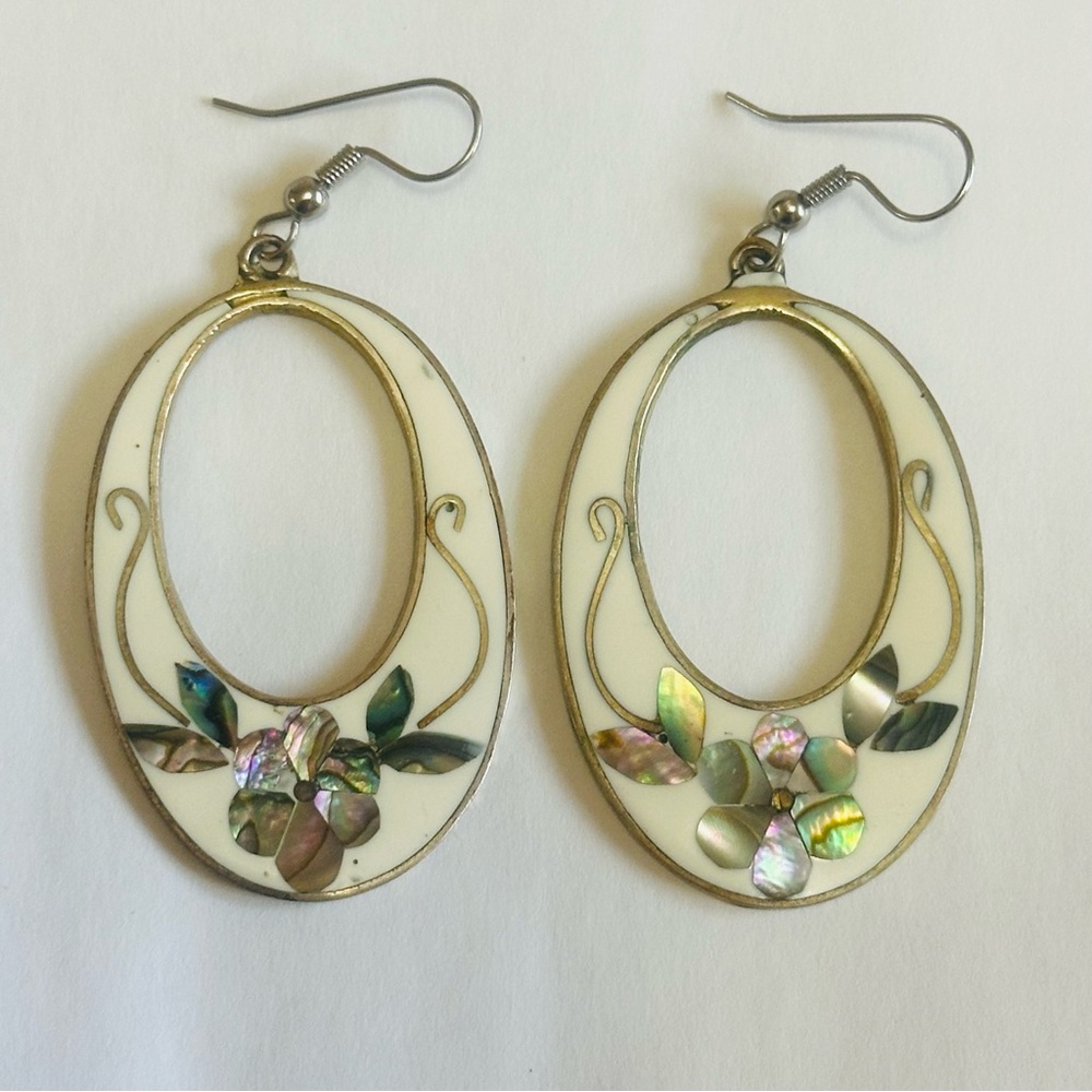 Vintage Abalone Flower Earrings, Boho cream large Mexican statement jewelry